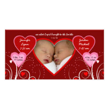 Valentine's Day - Twins Baby Announcement Custom Photo Card