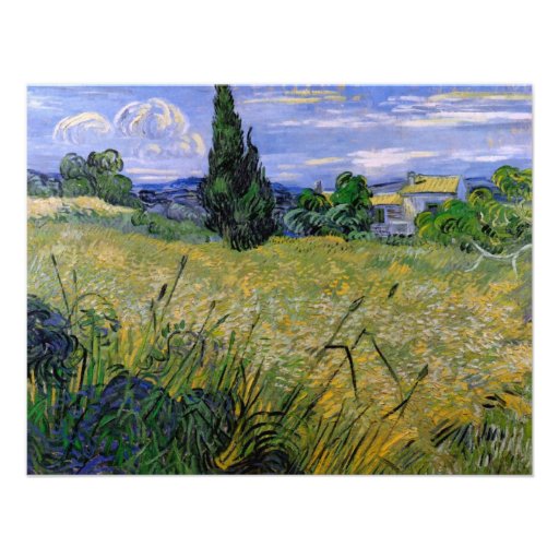 Van Gogh; Green Wheat Field w Cypress, Vintage Art Invite