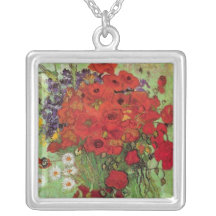 Van Gogh; Still Life: Red Poppies and Daisies Personalized Necklace