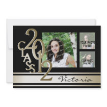 Varsity Stripe Tri Photo Black and Gold Personalized Announcements