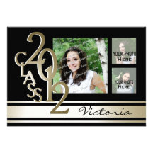 Varsity Stripe Tri Photo Black and Gold Personalized Announcements