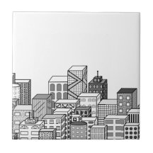 Vector Cityscape (Black & White) Ceramic Tile