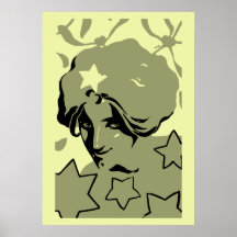 Vector green pastel art drawing girl with stars print