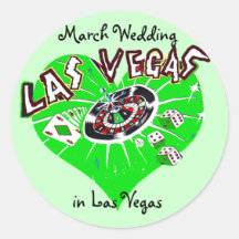 Vegas March Wedding Green Heart Round Stickers