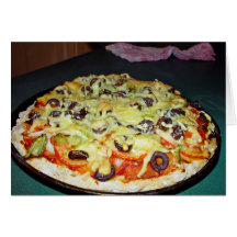 vegetarian pizza, with olives and capsicum cards