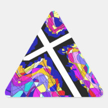 Vibrant Stained Glass Cross. Triangle Sticker