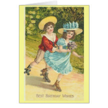 Victorian Birthday boy and girl on rollerskates Cards