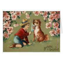 Victorian Boy w/Dog Birthday Greeting Card