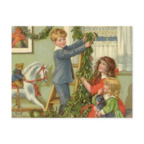 Victorian Children Decorating for Christmas Post Card