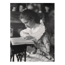 Victorian girl reading a book postcard