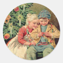 Victorian Illustration on Christmas Cards Round Stickers