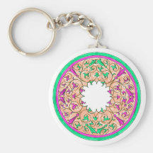 Victorian round graphic pink and green colorized keychains