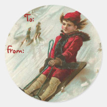 Victorian Sledding Christmas Name Tags Round Stickers