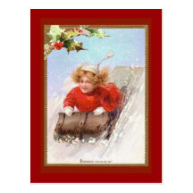 Victorian Vintage Holiday Card Sledding Post Cards