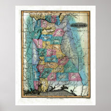 Vieille carte 1826 de l'Alabama Affiche