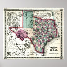 Vieille carte 1866 du Texas Affiches