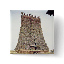 View of the carved exterior of the south gopuram pinback button