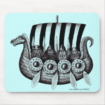 Vikings in Drekar black and white pen ink drawing Mouse Pads