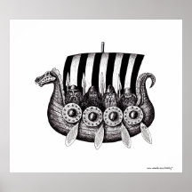 Vikings in Drekar black and white pen ink drawing Poster
