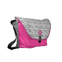 Vine Swirl Black White & Pink Monogram Messenger Messenger Bags