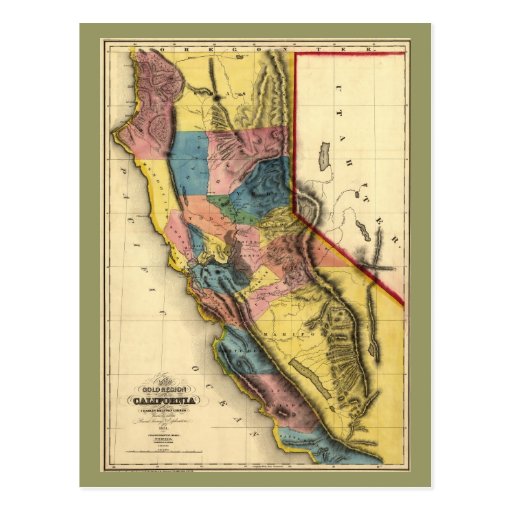 Vintage 1851 California Gold Region State Map Postcards