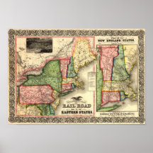 Vintage 1856 New England Rail Map Posters