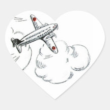 Vintage Airplane Black and White Drawing Heart Sticker