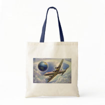 Vintage Airplane Flying Around the World in Clouds Tote Bag