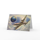 Vintage Airplane Flying Around the World in Clouds Greeting Cards