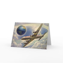 Vintage Airplane Flying Around the World in Clouds Greeting Cards