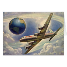 Vintage Airplane Flying Around the World in Clouds Greeting Cards