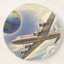 Vintage Airplane Flying Around the World in Clouds Drink Coasters