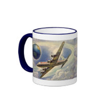 Vintage Airplane Flying Around the World in Clouds Mugs