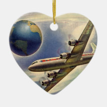Vintage Airplane Flying Around the World in Clouds Christmas Tree Ornaments