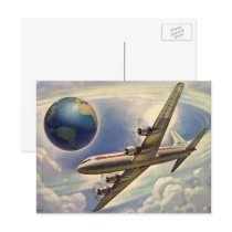 Vintage Airplane Flying Around the World in Clouds Postcards