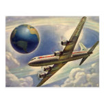Vintage Airplane Flying Around the World in Clouds Postcards