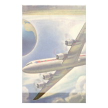 Vintage Airplane Flying Around the World in Clouds Custom Stationery