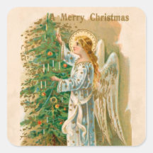 Vintage angel and tree christmas holiday sticker