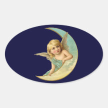 Vintage Angel in Moon Oval Sticker