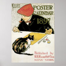 Vintage Art Nouveau; Artist Painting with Pet Cat Poster