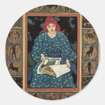 Vintage Art Nouveau; Astrology, Woman Reading Book Sticker