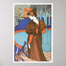 Vintage Art Nouveau Lady with Peacocks Posters