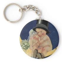 Vintage Baby Bride and Groom Sitting on the Moon Keychain