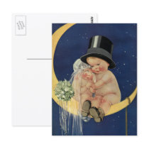 Vintage Baby Bride and Groom Sitting on the Moon Postcards