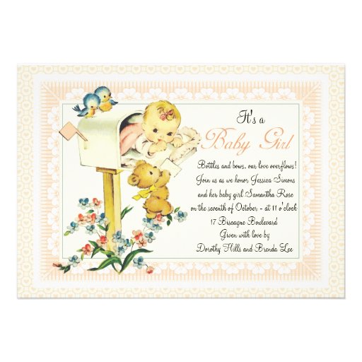 Vintage Baby Girl inside Mail Box Baby Shower Invitations