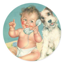Vintage Baby on the Phone Round Sticker