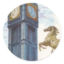 Vintage Big Ben Clock Tower Horse Statue, London Round Stickers