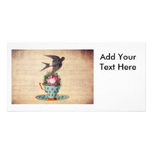 Vintage Bird, Roses, and Teacup Photo Greeting Card