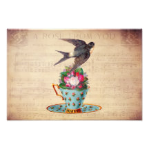 Vintage Bird, Roses, and Teacup Photograph