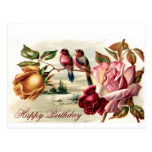 Vintage Bird Roses Birthday Postcard